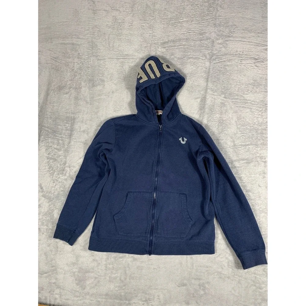 True Religion Men Size L Navy Blue Full Zip Hoodie Chenille Hood Logo
